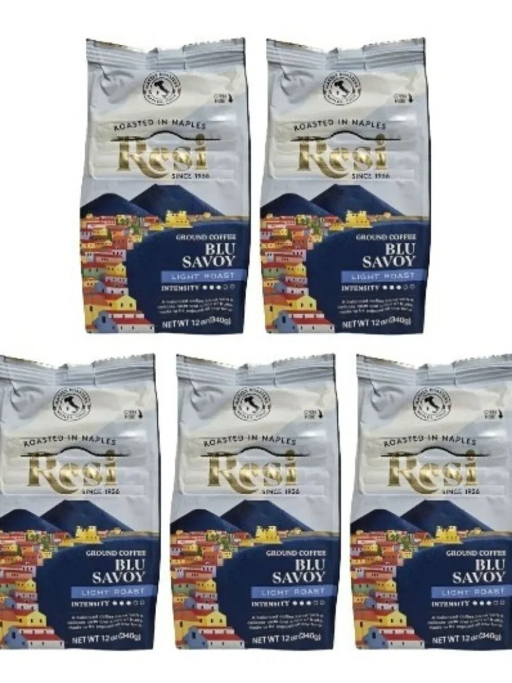 5-PK Blu Savoy Light Roast Italian Naples Ground Coffee Arabica Bean 12 Oz Bags